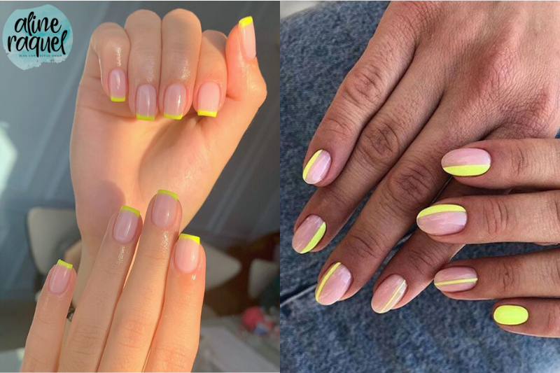 Tendência para unhas_francesinha neon_amarelo_listrado