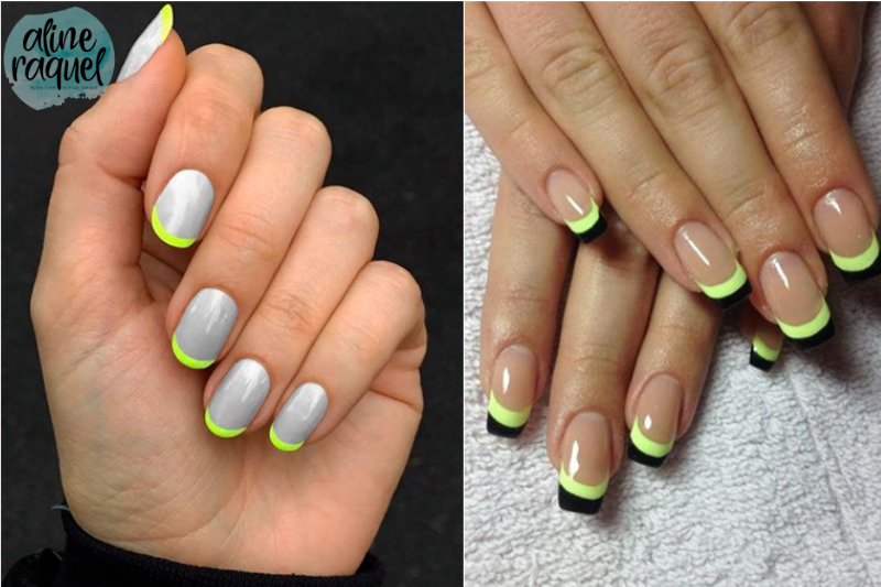 Tendência para unhas_francesinha neon_amarelo e cinza_preto e amarelo